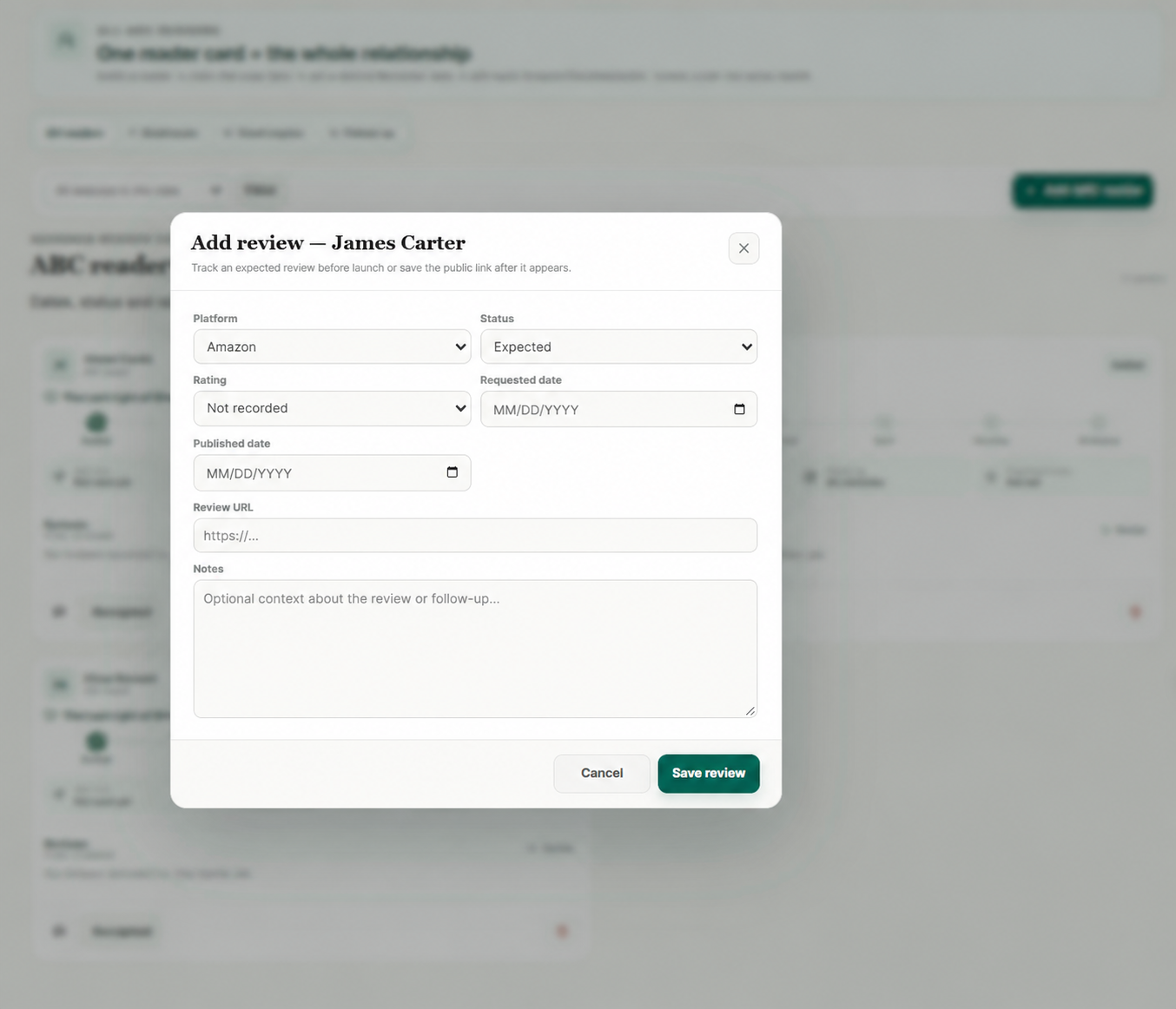Add review form for James Carter with platform, status and date fields