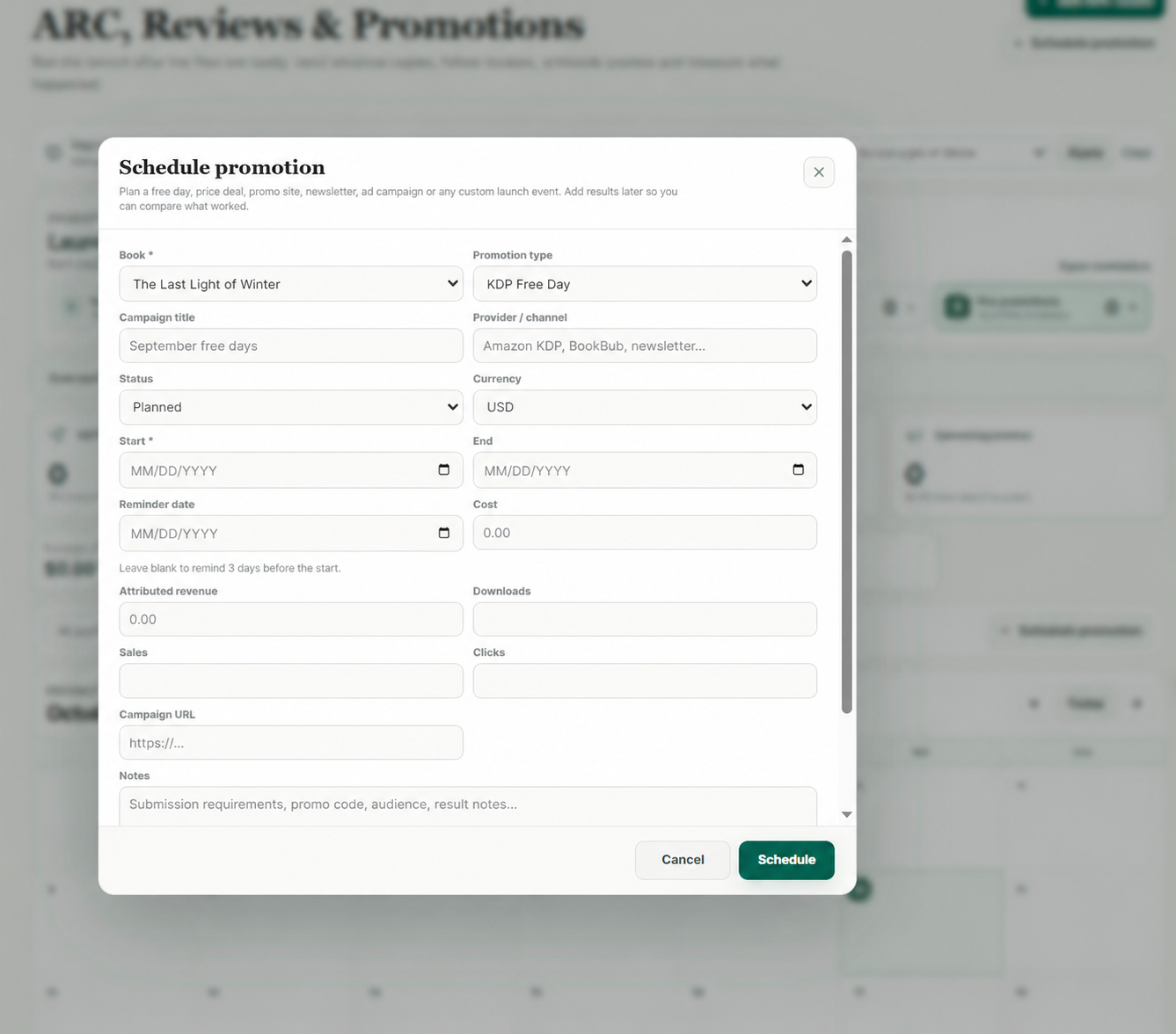 Schedule promotion form for a KDP free day campaign
